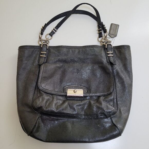 $698 COACH metallic black leather LIMITED Kristin Pinnacle LARGE TOTE BAG PURSE - Picture 12 of 16